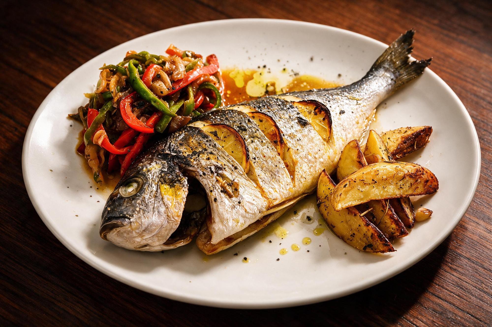 Dorada al horno con limón, verduras y patatas