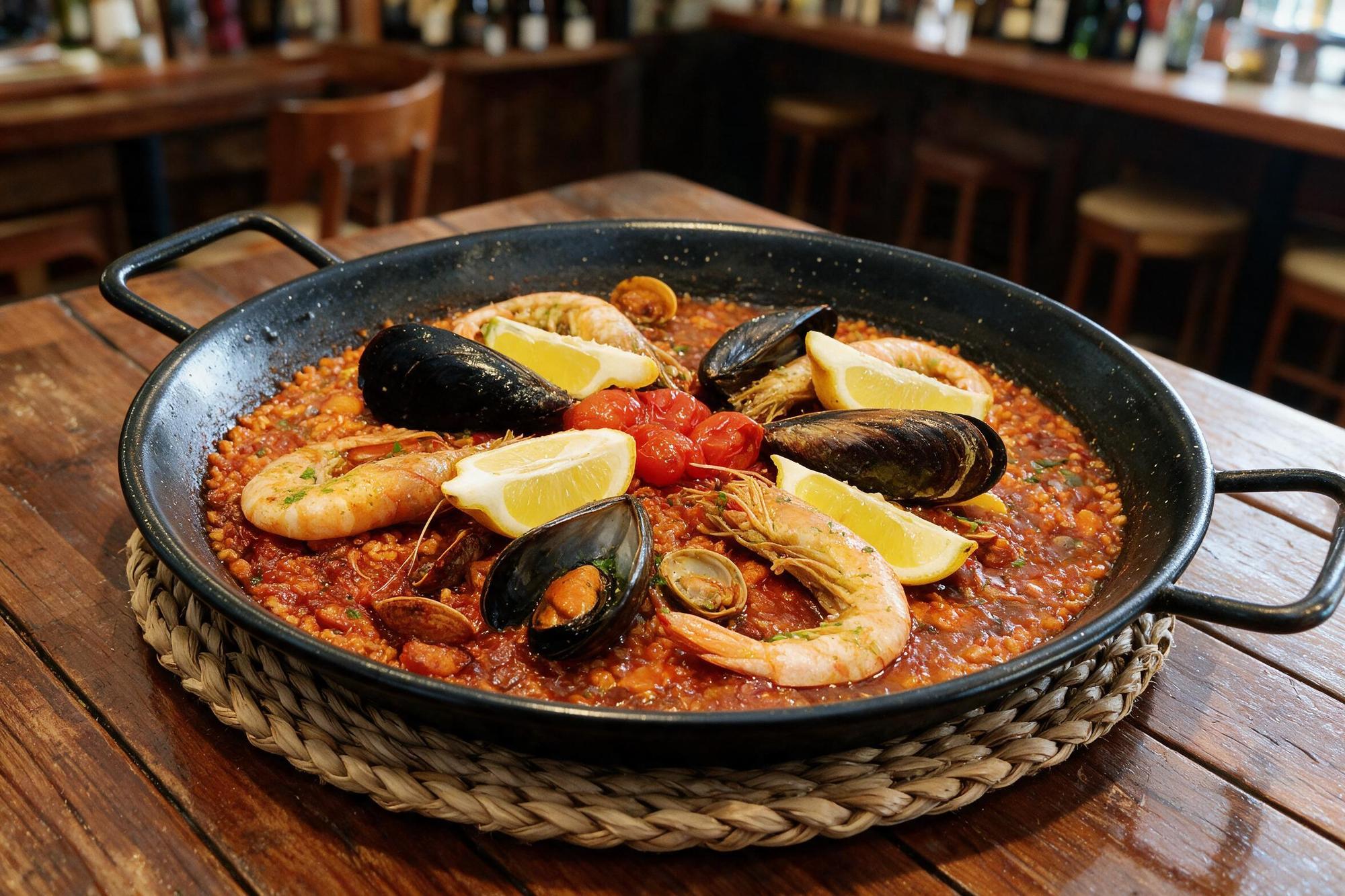 Paella de marisco con gambas, mejillones y almejas